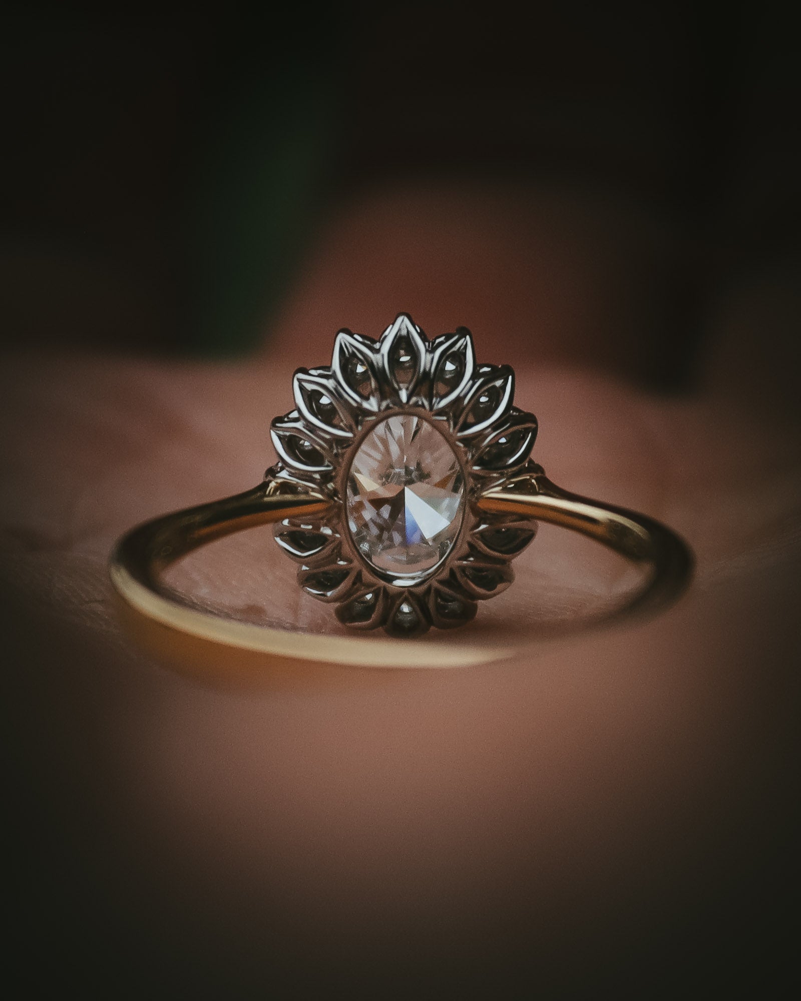 Flùr oval diamond cluster ring Signature petal detail underneath