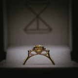 Fidra oval bi-colour sapphire ring; side profile showing Arc setting and trillion diamonds in box