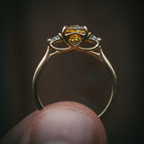 Fidra oval bi-colour sapphire ring; side profile showing Arc setting and trillion diamonds