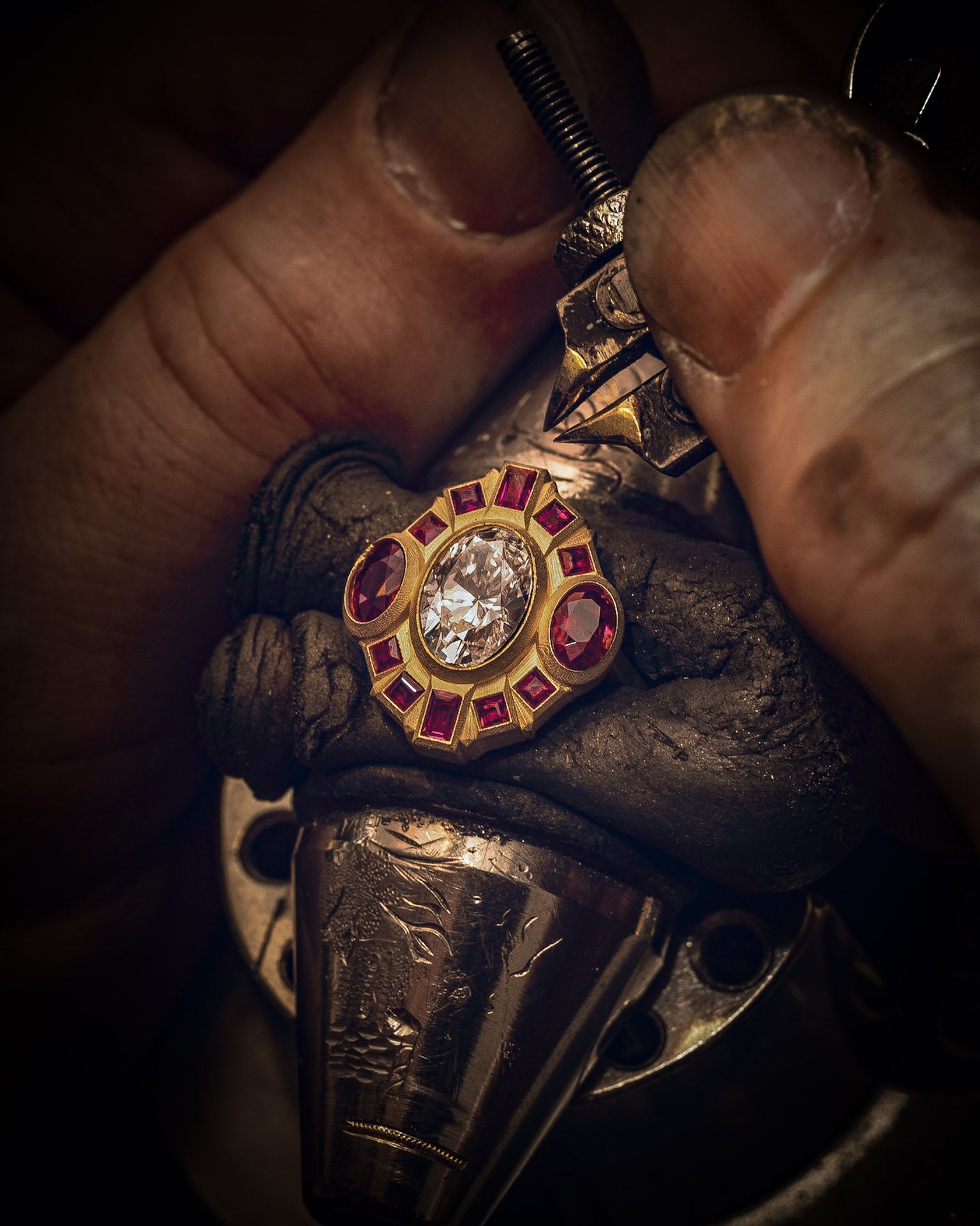 craftsmanship ruby and diamond ring in the workshop in Scotland