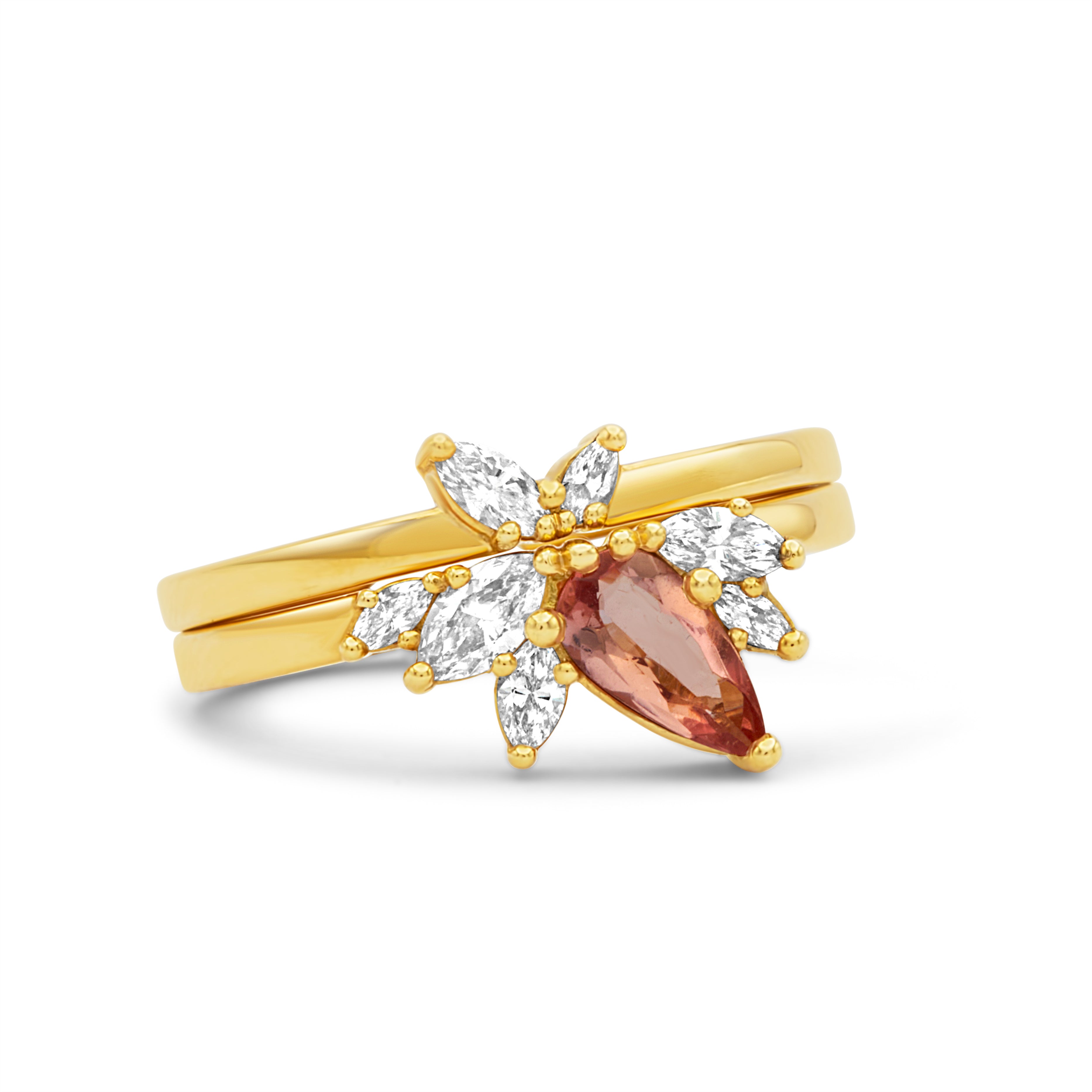 Fara ring set an asymmetric peach topaz engagement ring paired with a fitted diamond wedding ring by Moira Patience Fine Jewellery
