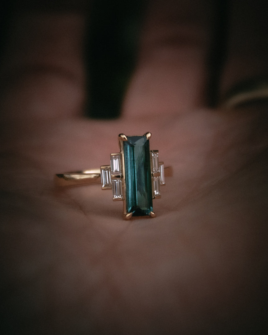 Moira Patience art deco teal tourmaline and diamond engagement ring