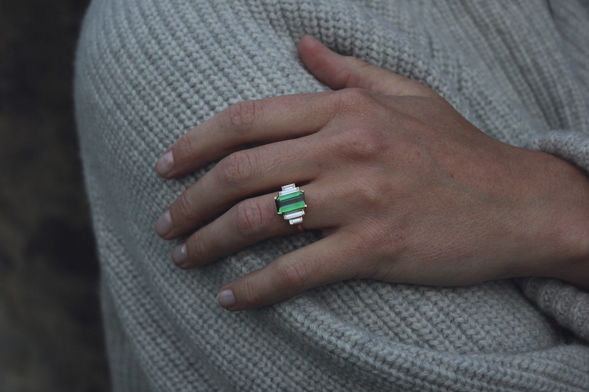 Moira Patience art deco Green tourmaline and diamond engagement ring
