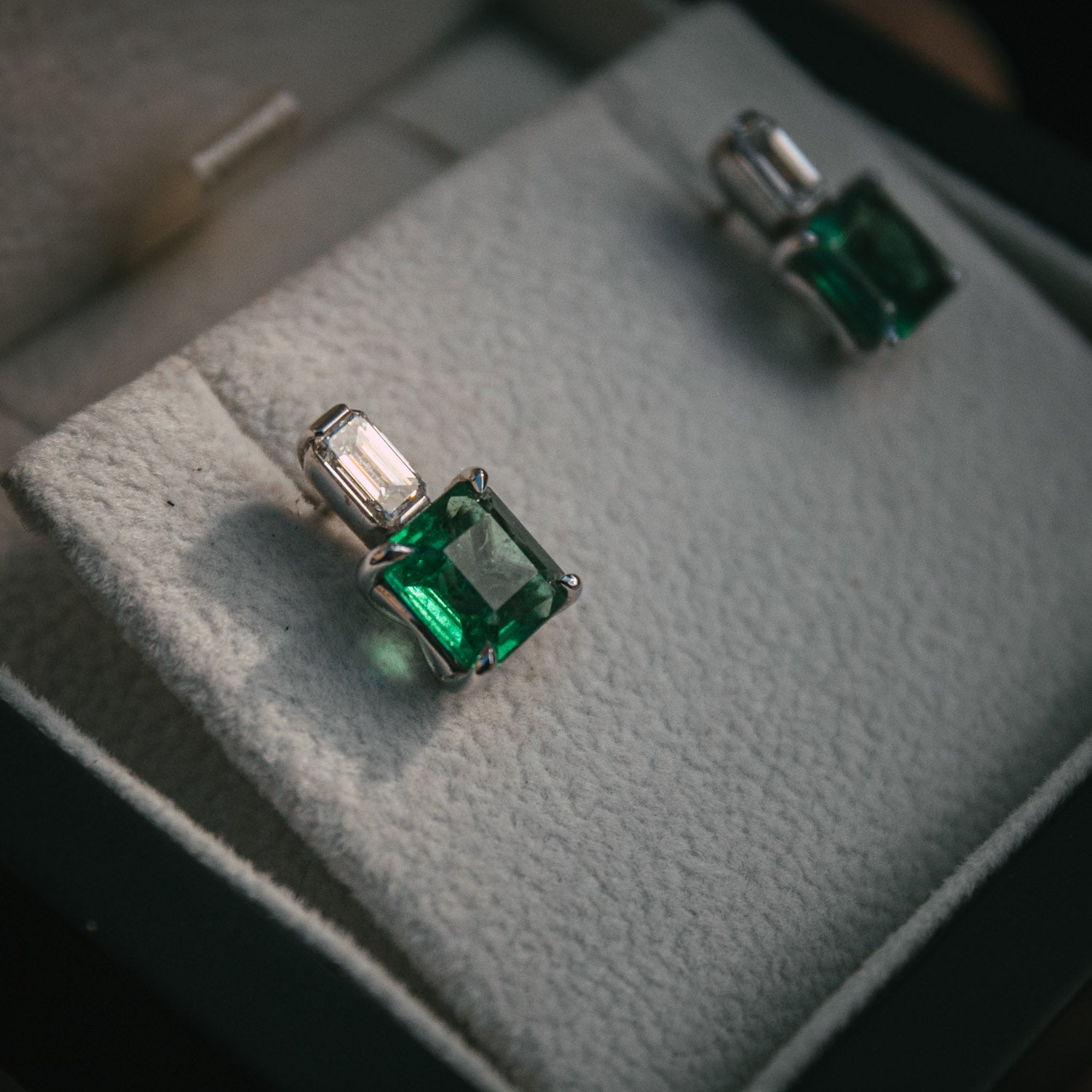 Moira Patience bespoke emerald and diamond earrings