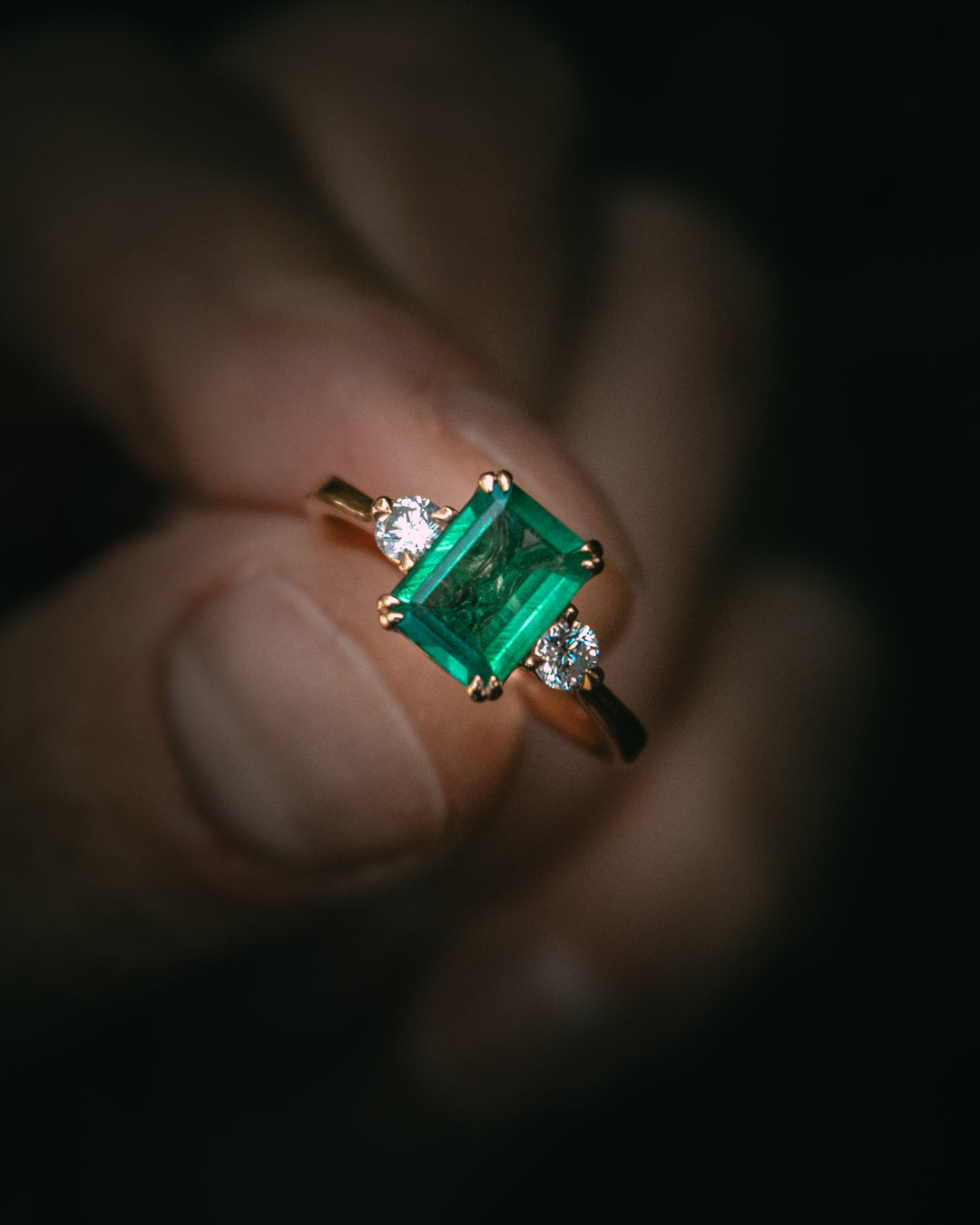Moira Patience bespoke emerald and diamond engagement ring