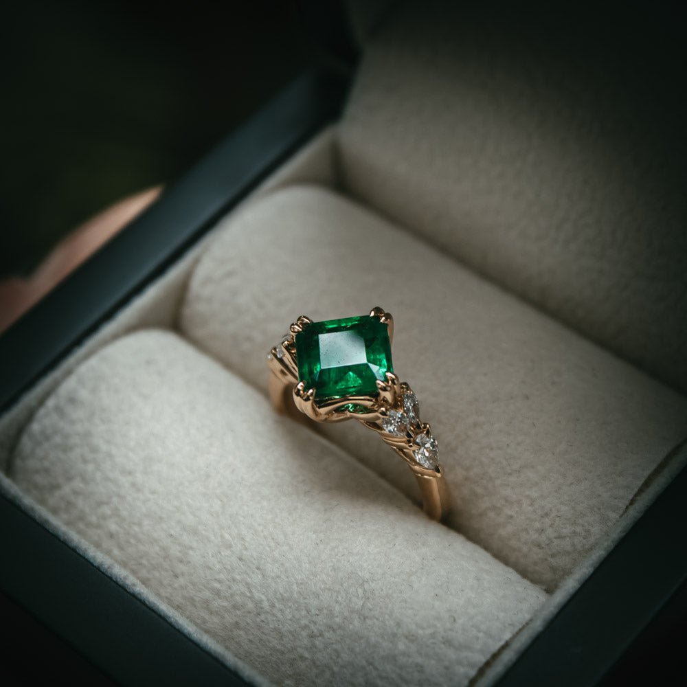 Moira Patience Fine Jewellery Bespoke Emerald and Diamond Engagement Ring
