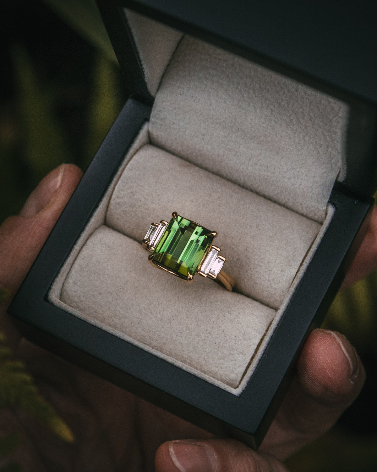 Moira Patience art deco Green tourmaline and diamond engagement ring