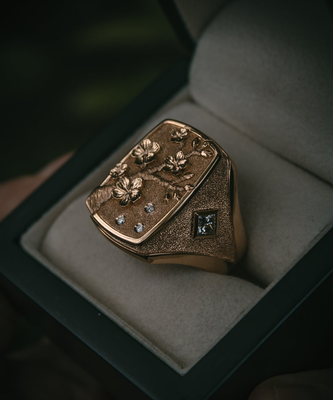 bespoke sentimental cherry blossom hand engraved solid gold signet ring in box