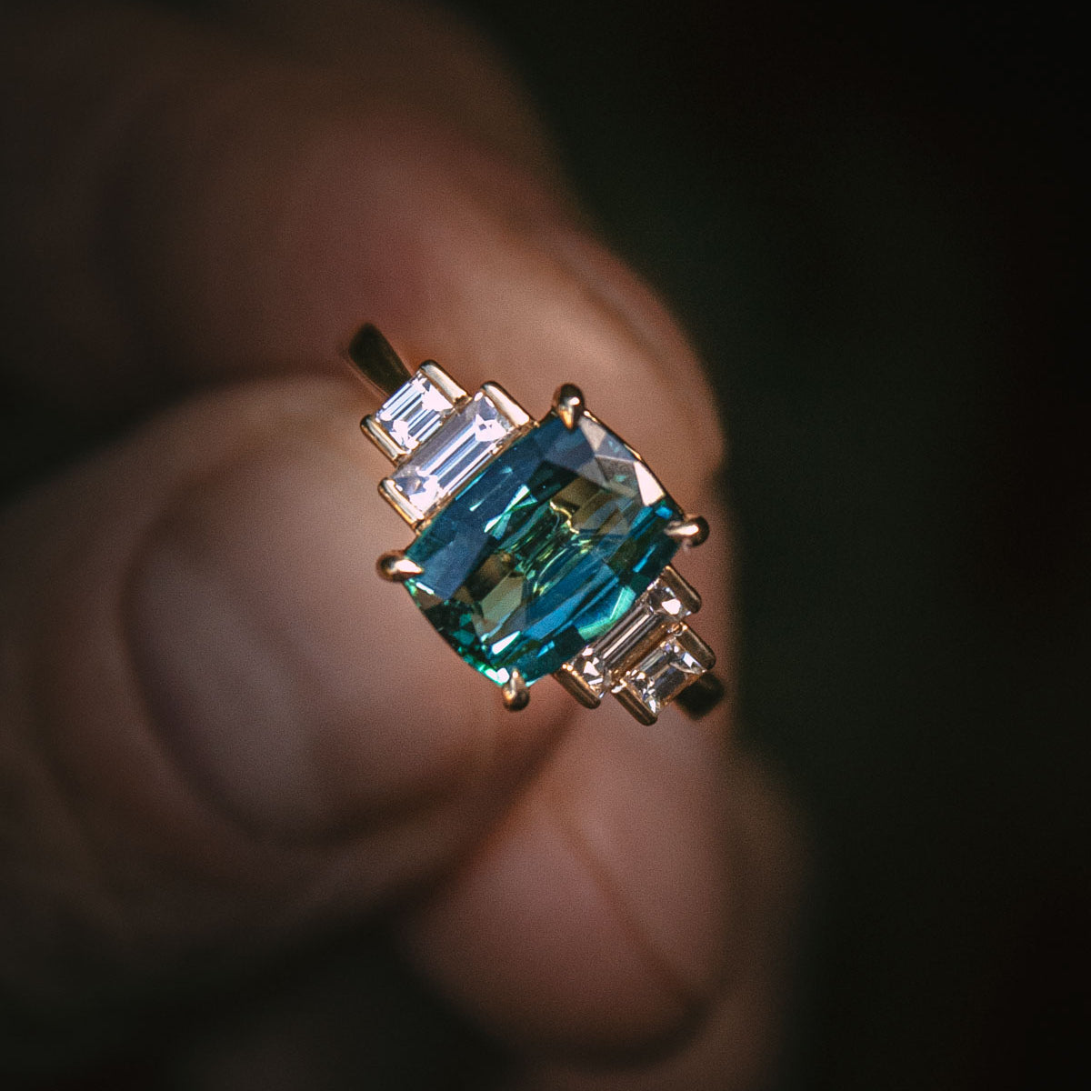 Indicolite Tourmaline & Diamond Engagement Ring