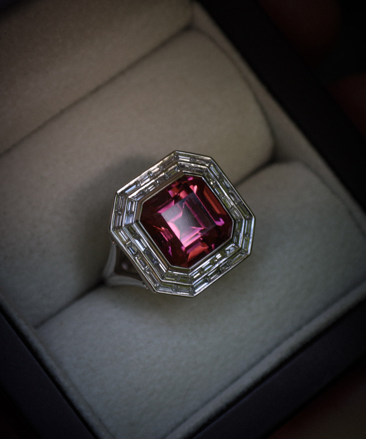 Bespoke Art deco rubellite and diamond ring in box