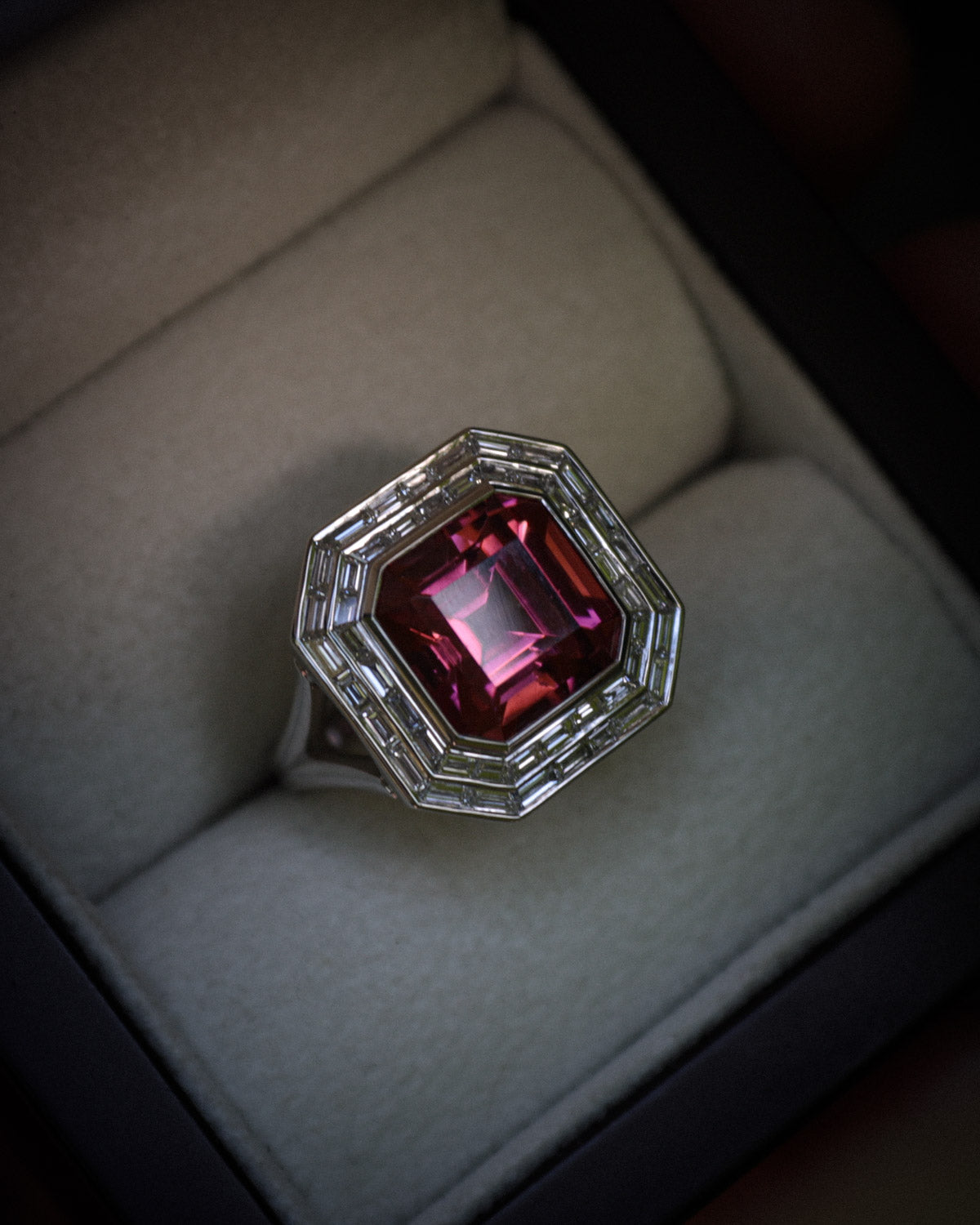 Bespoke Art deco rubellite and diamond ring in box