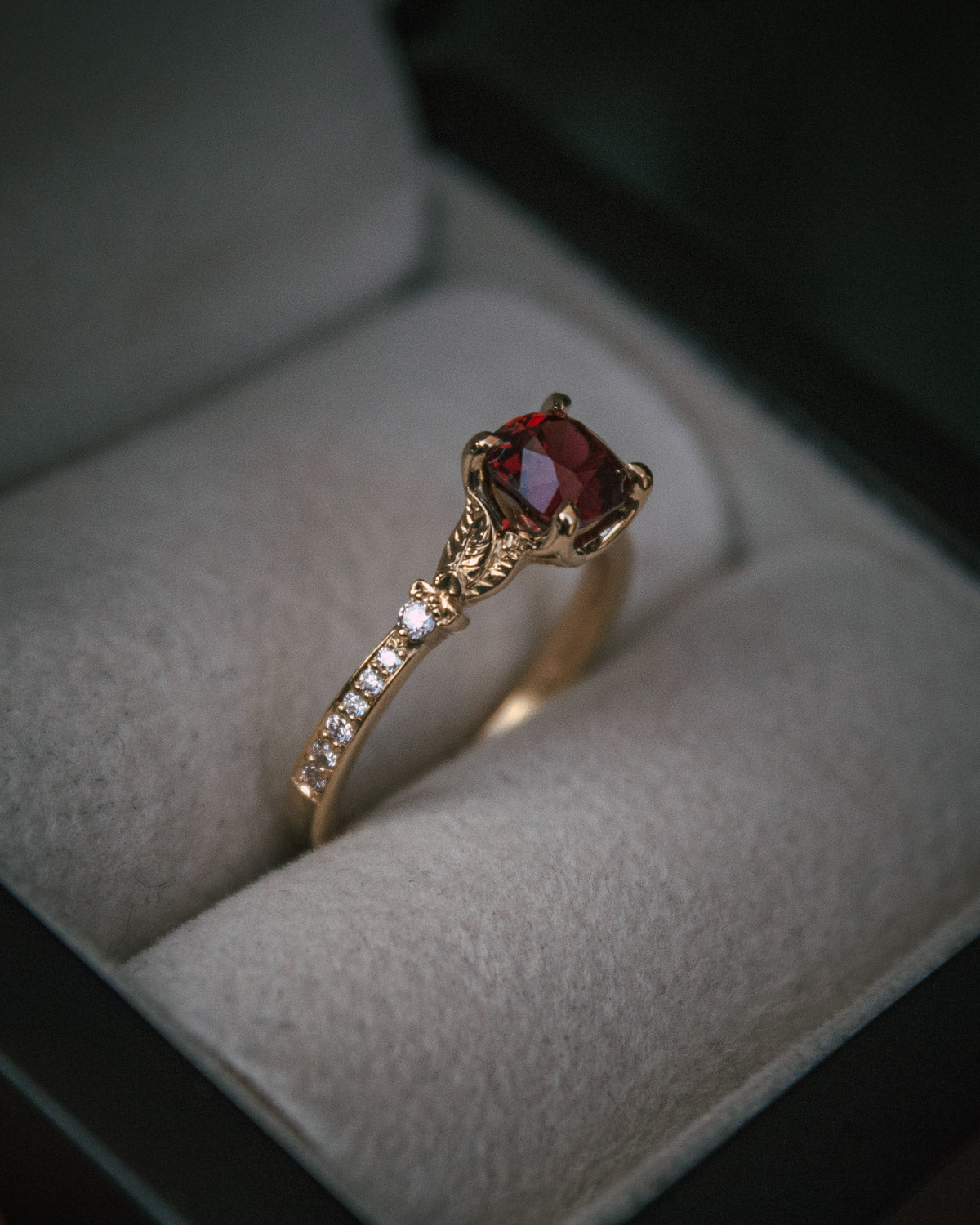 Moira Patience red Spinel and diamond engagement ring