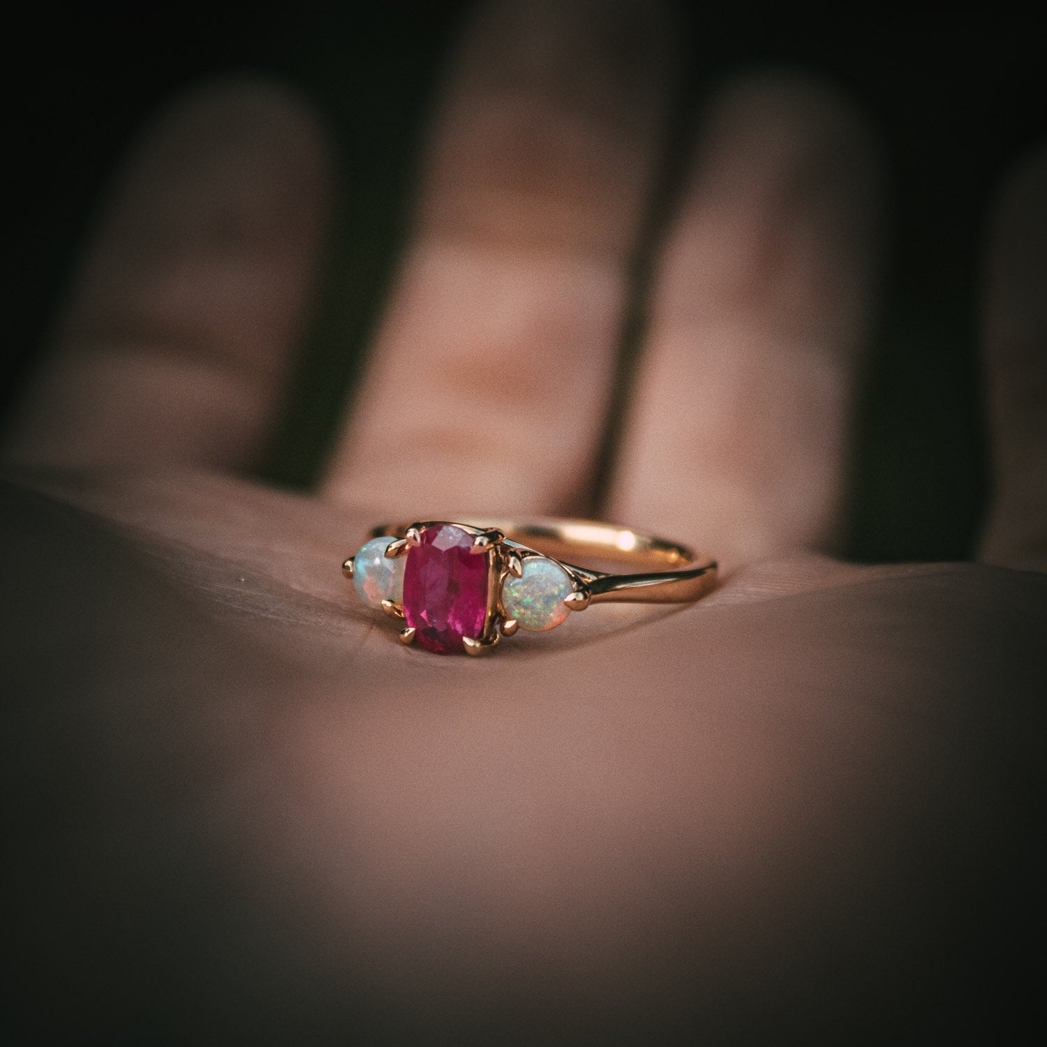 Moira Patience Ruby and opal engagement ring