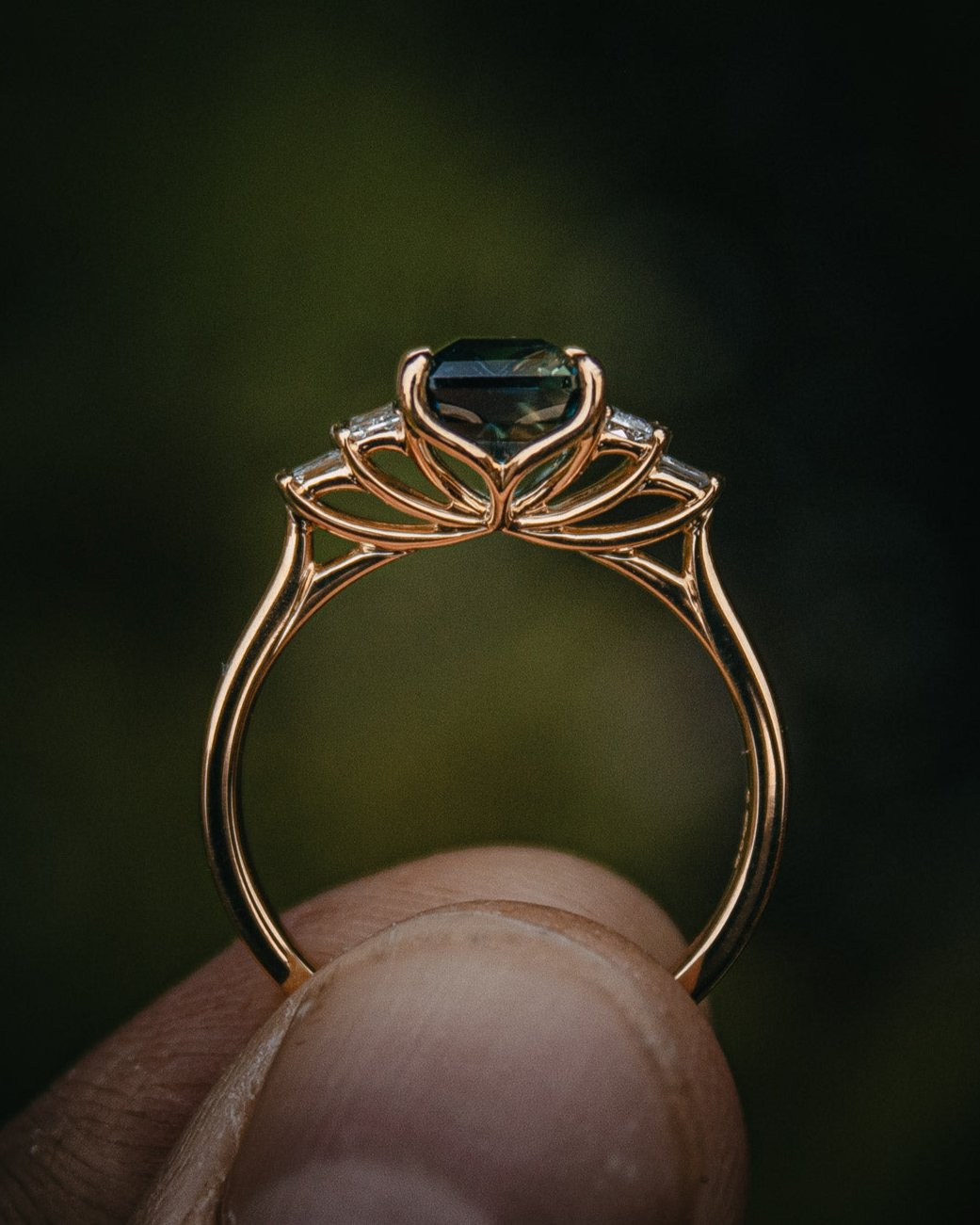 Teal Sapphire & Diamond Petal Setting Lotus Flower Engagement Ring
