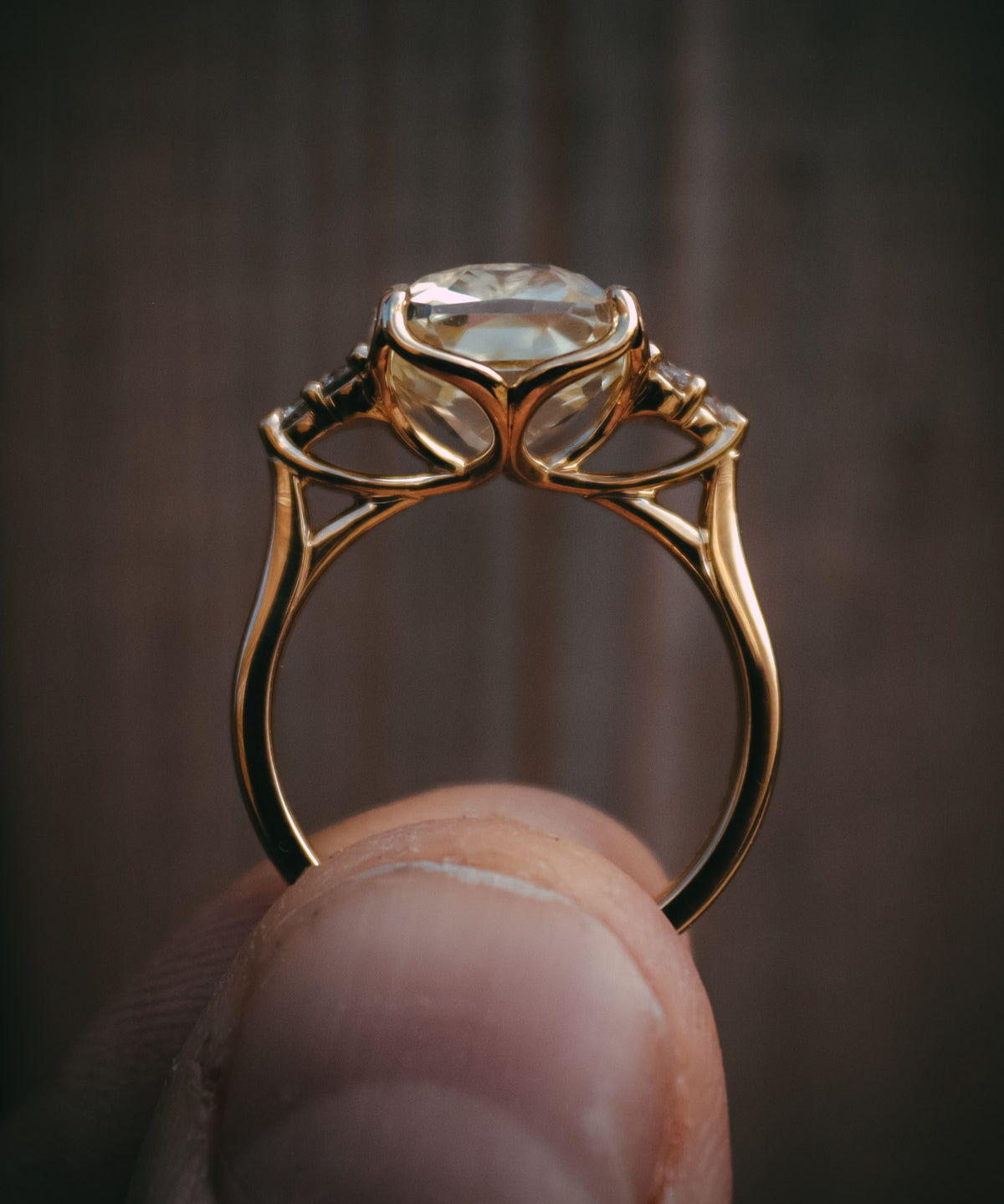 Bespoke yellow sapphire and diamond engagement ring petal setting detail