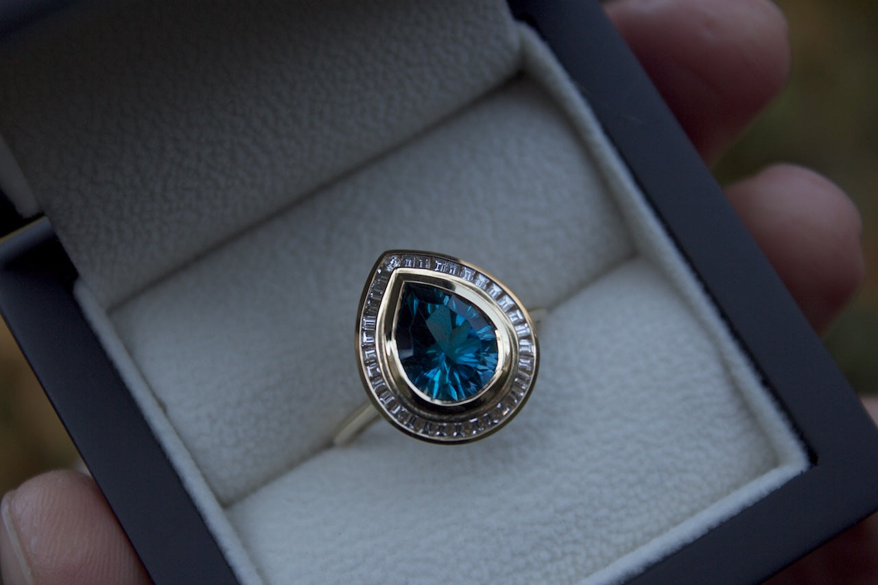 Moira Patience Gem Index London Blue Topaz and Diamond Halo Ring